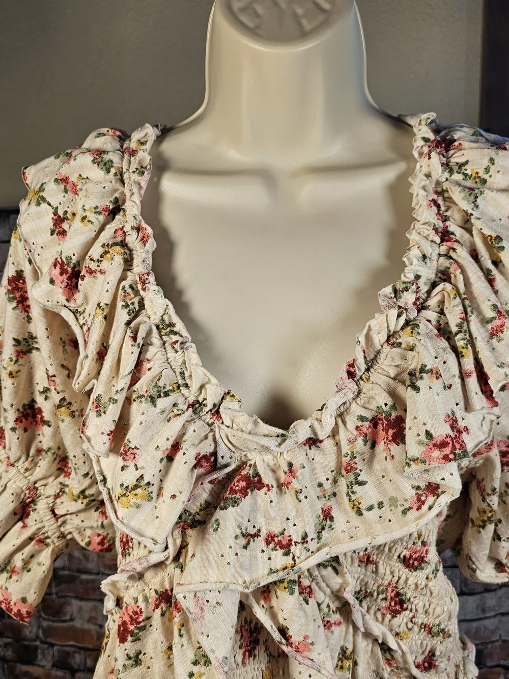 Free People Floral Smocked Ruffle Top Cottagecore Puff Sleeve Blouse Large